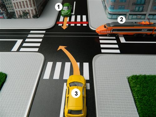 Sipas rregullave të përparësisë së kalimit në udhëkryqin, në fushat e dhëna shkruaj numrat e automjeteve sipas radhës së kalimit të tyre: (Përgjigja plotësohet në formatin, për shembull: 123, 231, 132 etj.)